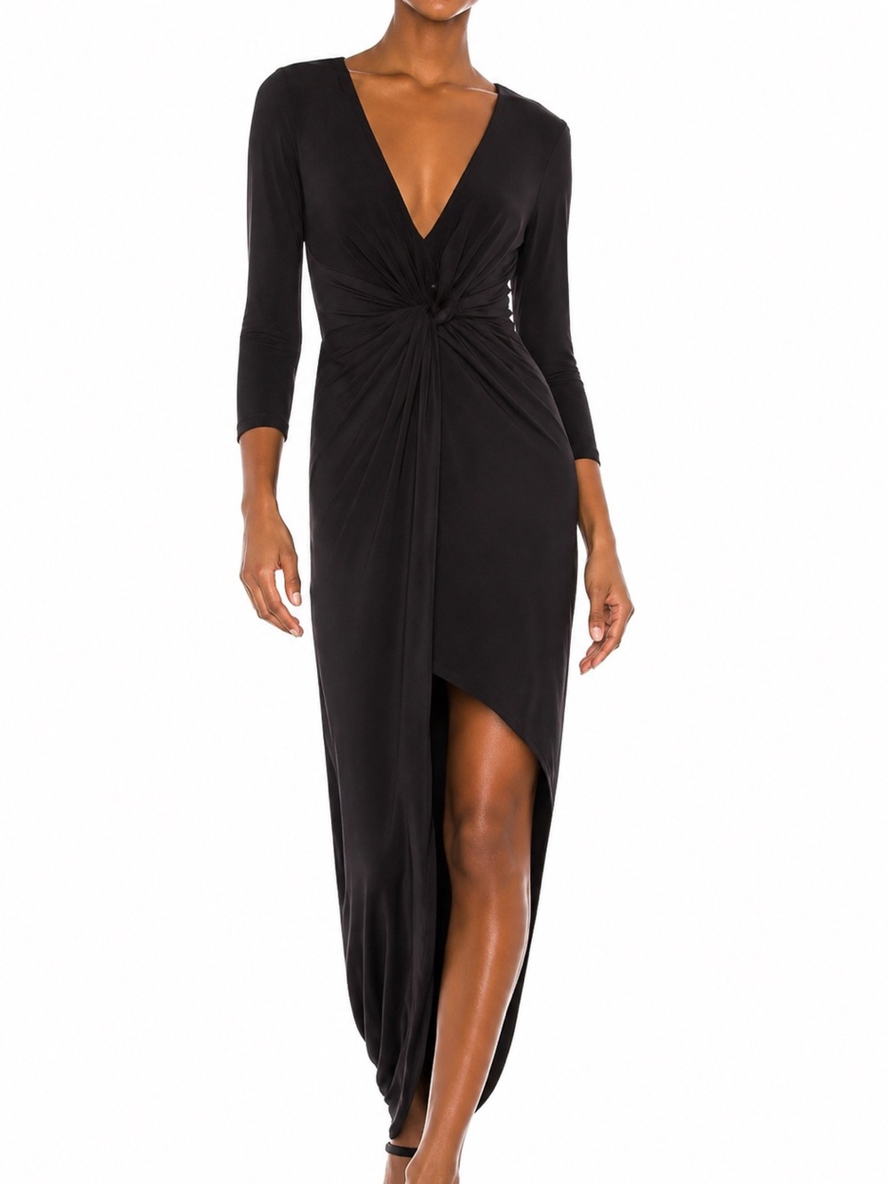 Lovers + Friends XS Black Plunge Knot Front Long Sleeve Maxi Dress